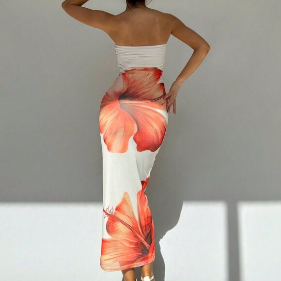 Multicolor Sexy Women's Romantic Date Strapless Printed Bodycon Dress - Picture 2 of 5